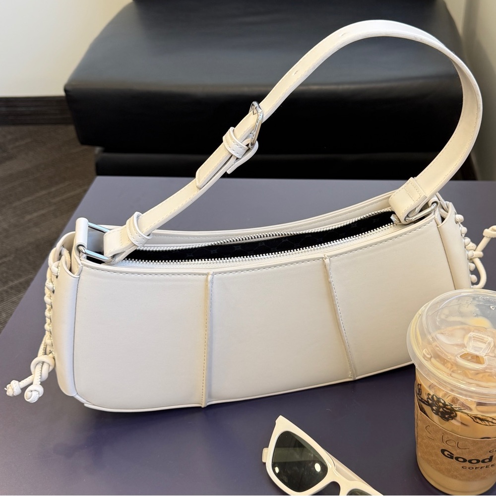 BCBG Cream Structured Faux Leather Purse with Lace Up Side Detail